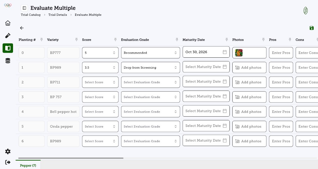 SeedSense Batch Evaluate table showing varieties, scores, evaluation grades, maturity dates, and photos in one view